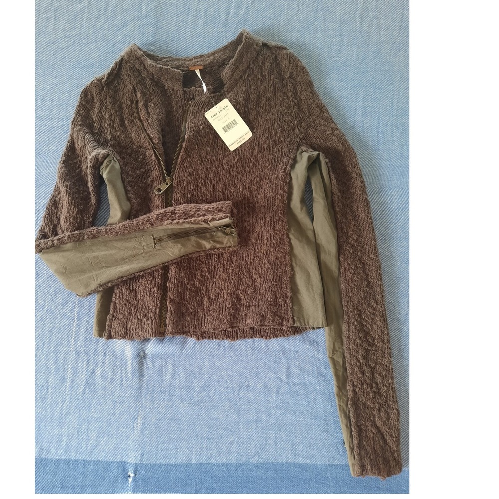 Free People Dark Peet Mixed Media Moto Knit Zip Cardigan F159X013 Womens Small